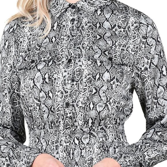 MOLLY BRACKEN Snake Print Long Sleeve Shirt Midi Dress Pleated Black Grey L - Picture 4 of 12